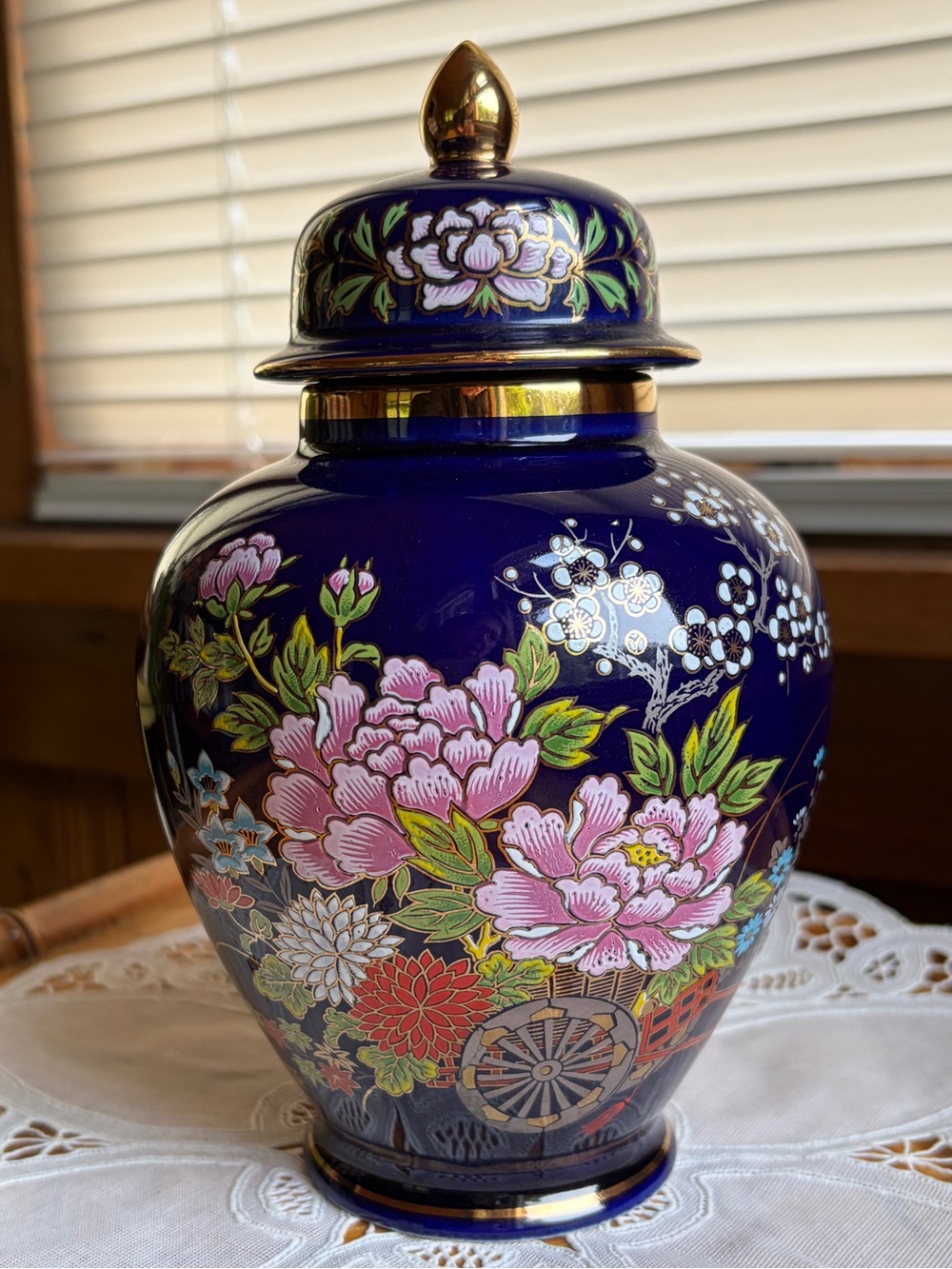 Vintage Kutani Japan Cobalt Blue Ginger Jar Lid Hand Decorated Floral Porcelain